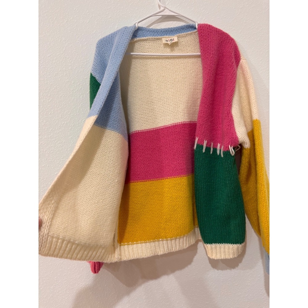 BiBi Kidcore Cardigan M Colorblock Patchwork Knit Dopamine Dressing Boho Sweater - Picture 5 of 14